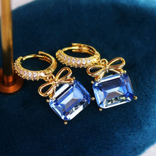 Load image into Gallery viewer, French Luxury 14K Plated Gold Exquisite Bowknot Square Royal Blue Zircon Earrings Pendant Fashion Temperament Lady Hoop Earring