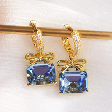 Load image into Gallery viewer, French Luxury 14K Plated Gold Exquisite Bowknot Square Royal Blue Zircon Earrings Pendant Fashion Temperament Lady Hoop Earring
