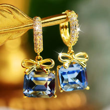 Load image into Gallery viewer, French Luxury 14K Plated Gold Exquisite Bowknot Square Royal Blue Zircon Earrings Pendant Fashion Temperament Lady Hoop Earring
