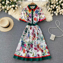 Load image into Gallery viewer, 2021 Summer Runway Designer Pleated Dress Women'S Short Sleeve Shirt Collar Overlay Flower Print Slim Party Midi Dresses N78610
