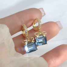 Load image into Gallery viewer, French Luxury 14K Plated Gold Exquisite Bowknot Square Royal Blue Zircon Earrings Pendant Fashion Temperament Lady Hoop Earring
