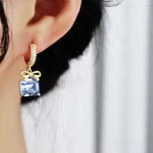 Load image into Gallery viewer, French Luxury 14K Plated Gold Exquisite Bowknot Square Royal Blue Zircon Earrings Pendant Fashion Temperament Lady Hoop Earring
