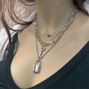 Multilayer Vintage Lock Key Chain Necklace