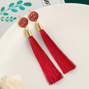 Cotton Silk Fabric Long Fringe Drop Dangle Earrings