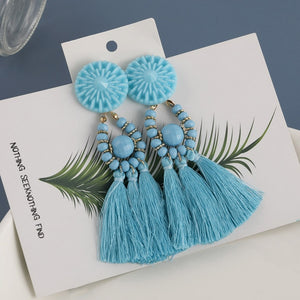 Cotton Silk Fabric Long Fringe Drop Dangle Earrings