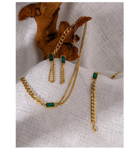 Classic Gold Stainless Steel Sets for Women Green Zirconia Chain Collar