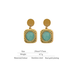 Classic Green Natural Stone Dangle Earrings 18K Gold Plated For Woman