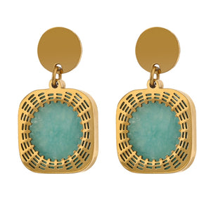 Classic Green Natural Stone Dangle Earrings 18K Gold Plated For Woman