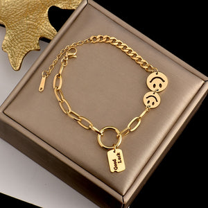 Class Titanium Steel Smile GoodLuck Letter Square Gold Unusual Bracelet