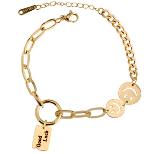 Class Titanium Steel Smile GoodLuck Letter Square Gold Unusual Bracelet