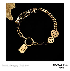 Class Titanium Steel Smile GoodLuck Letter Square Gold Unusual Bracelet